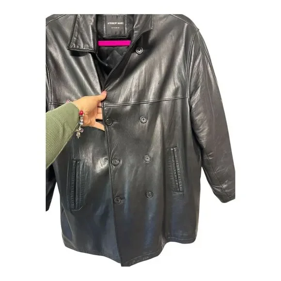 Andrew Marc Men's Double Breasted Black Leather Jacket Size G/L - Picture 2 of 8